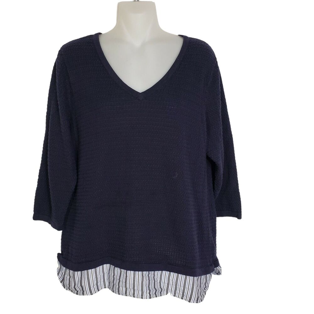Talbots Petites Womens Sweater Size LP Blue V Neck 3/4 Sleeve Cotton Detail Hem